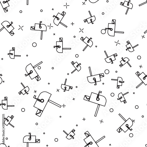 Black line Open mail box icon isolated seamless pattern on white background. Mailbox icon. Mail postbox on pole with flag. Vector Illustration