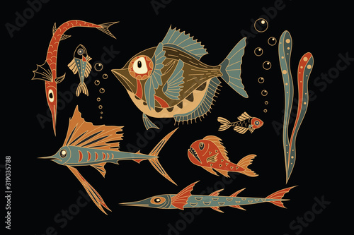 Fish flat illustration. Collection of different artistic hand drawn elements.  Deep Sea Fangtooth, Sailfish. photo