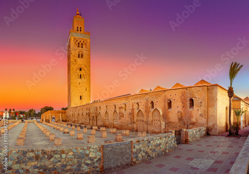 Koutoubia Mosque minaret located at medina quarter of Marrakesh, Morocco photo