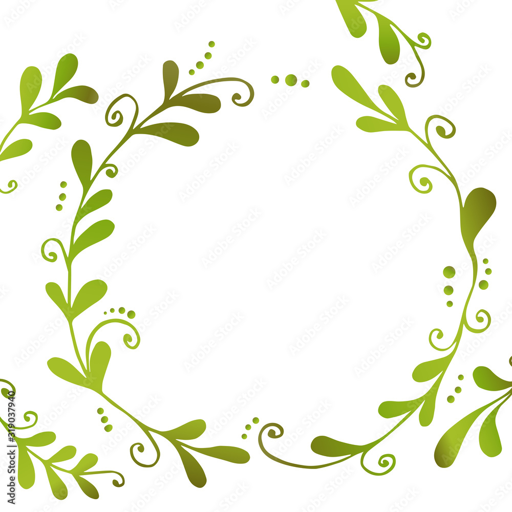 Floral frame with green branches on white background. Ornament with gradient leaves. Vector stock illustration for wallpaper, posters, card.  Doodle style. Copy space.