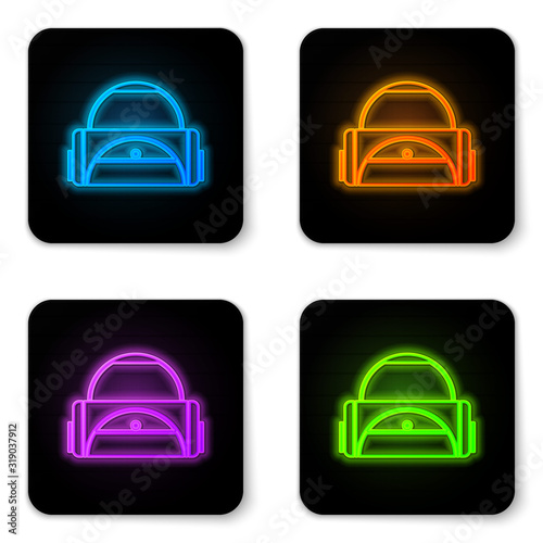 Glowing neon Sport bag icon isolated on white background. Black square button. Vector Illustration