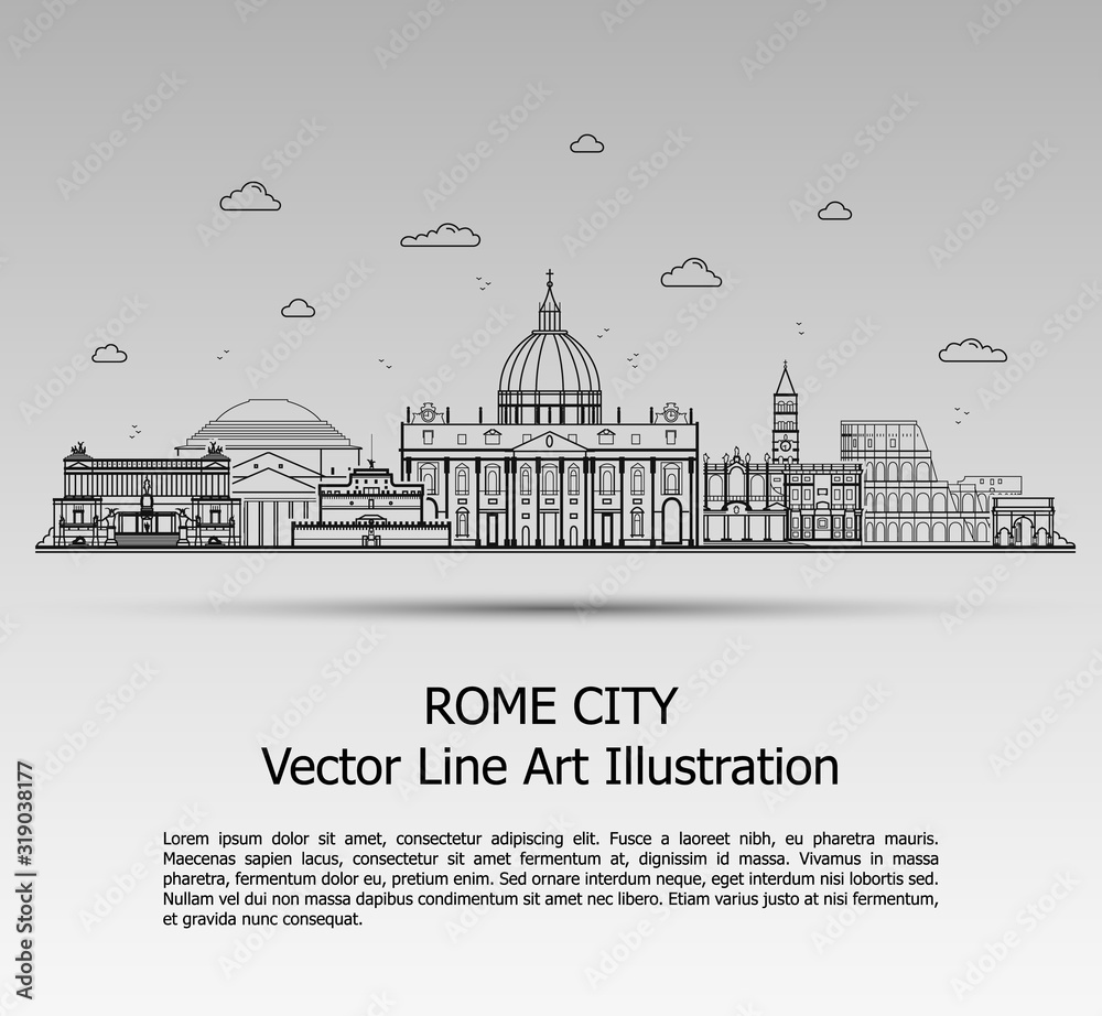 Line Art Vector Illustration of Modern Rome City with Skyscrapers. Flat Line Graphic. Typographic Style Banner. The Most Famous Buildings Cityscape on Gray Background.