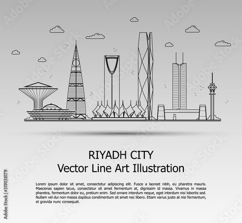 Line Art Vector Illustration of Modern Riyadh City with Skyscrapers. Flat Line Graphic. Typographic Style Banner. The Most Famous Buildings Cityscape on Gray Background.