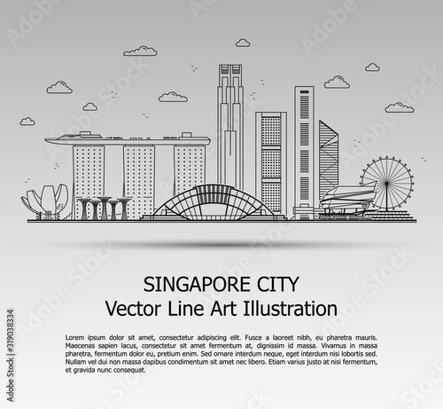 Line Art Vector Illustration of Modern Singapore City with Skyscrapers. Flat Line Graphic. Typographic Style Banner. The Most Famous Buildings Cityscape on Gray Background. 