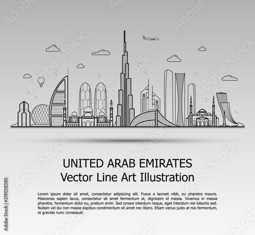 Line Art Vector Illustration of Modern United Arab Emirates with Skyscrapers. Flat Line Graphic. Typographic Style Banner. The Most Famous Buildings Cityscape on Gray Background.