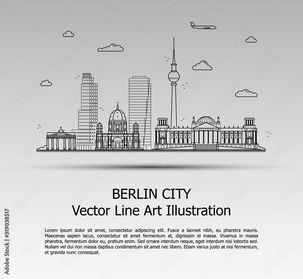 Naklejka Line Art Vector Illustration of Modern Berlin City with Skyscrapers. Flat Line Graphic. Typographic Style Banner. The Most Famous Buildings Cityscape on Gray Background.