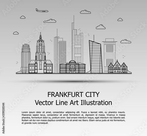 Line Art Vector Illustration of Modern Frankfurt City with Skyscrapers. Flat Line Graphic. Typographic Style Banner. The Most Famous Buildings Cityscape on Gray Background.