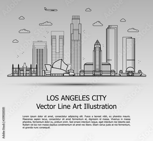 Line Art Vector Illustration of Modern Los Angeles City with Skyscrapers. Flat Line Graphic. Typographic Style Banner. The Most Famous Buildings Cityscape on Gray Background.