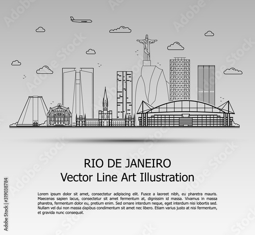 Line Art Vector Illustration of Modern Rio de Janeiro City with Skyscrapers. Flat Line Graphic. Typographic Style Banner. The Most Famous Buildings Cityscape on Gray Background.