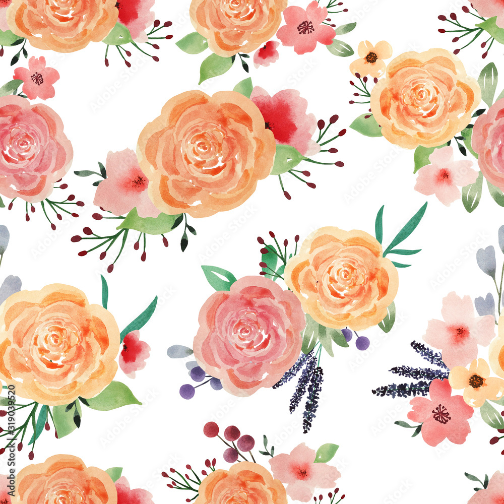 Seamless watercolor pattern with flowers. Isolated on white background. Watercolor pattern with compositions of roses and lavender.