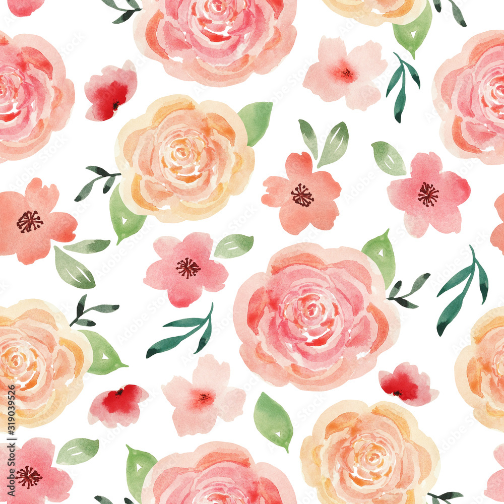 Seamless watercolor pattern with roses and cherry flowers. Isolated on white background. Watercolor pattern with pink and peach flowers.Suitable for scrapbooking, fabrics and wedding printing.