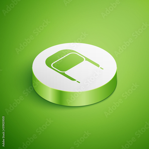 Isometric Winter hat with ear flaps icon isolated on green background. White circle button. Vector Illustration