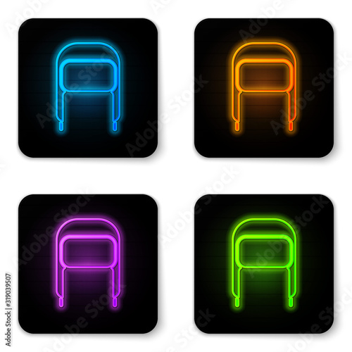 Glowing neon Winter hat with ear flaps icon isolated on white background. Black square button. Vector Illustration