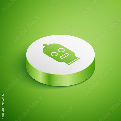 Isometric Balaclava icon isolated on green background. A piece of clothing for winter sports or a mask for a criminal or a thief. White circle button. Vector Illustration