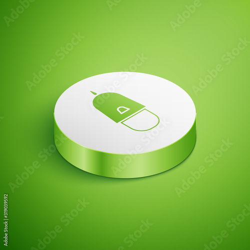 Isometric Police cap with cockade icon isolated on green background. Police hat sign. White circle button. Vector Illustration