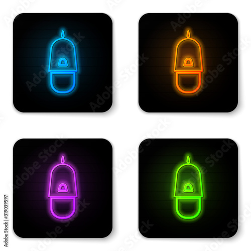 Glowing neon Police cap with cockade icon isolated on white background. Police hat sign. Black square button. Vector Illustration