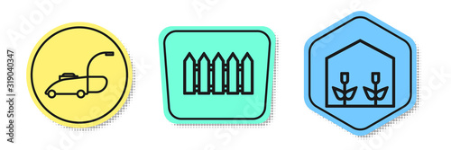 Set line Lawn mower, Garden fence wooden and Home greenhouse and plants. Colored shapes. Vector