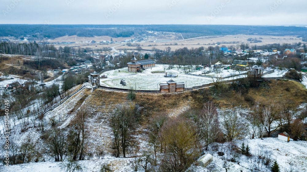 Aerial view of medieval castle mound in belarusian city of Mstislavl. Travel concept.