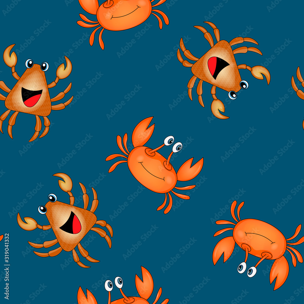 Fototapeta premium Seamless pattern with cute orange crab on blue background. Vector animals colorful illustration. Adorable character for cards, wallpaper, textile, fabric, kindergarten. Cartoon style.