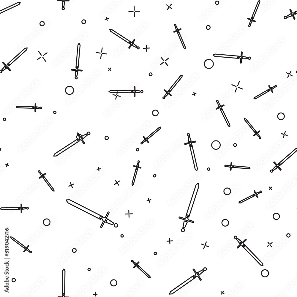 Black line Medieval sword icon isolated seamless pattern on white background. Medieval weapon. Vector Illustration