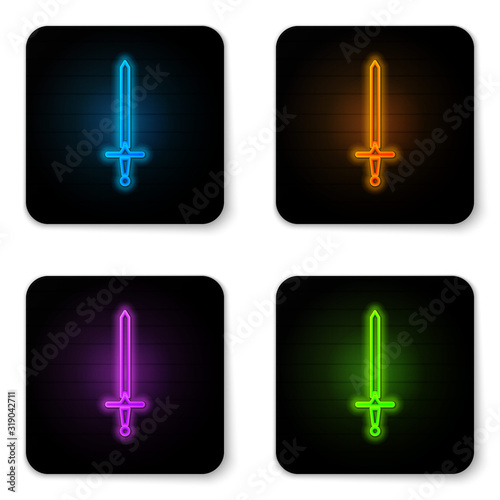 Glowing neon Medieval sword icon isolated on white background. Medieval weapon. Black square button. Vector Illustration