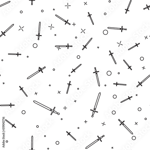 Black line Medieval sword icon isolated seamless pattern on white background. Medieval weapon. Vector Illustration
