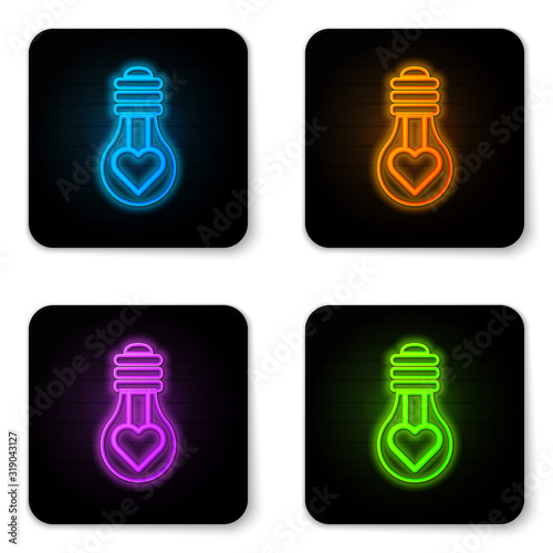 Glowing neon Executioner axe in tree block icon isolated on white background. Hangman, torturer, executor, tormentor, butcher, headsman. Black square button. Vector Illustration
