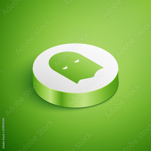 Isometric Executioner mask icon isolated on green background. Hangman, torturer, executor, tormentor, butcher, headsman icon. White circle button. Vector Illustration