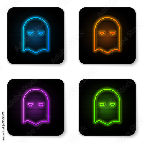 Glowing neon Executioner mask icon isolated on white background. Hangman, torturer, executor, tormentor, butcher, headsman icon. Black square button. Vector Illustration