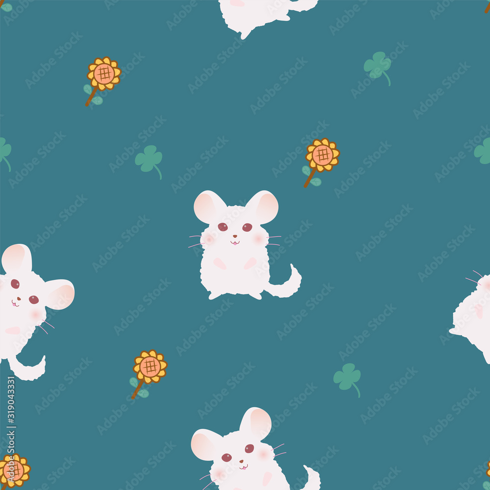 Animal cute patterns. Chinchilla smile with sunflower and clover leaf on green background.
