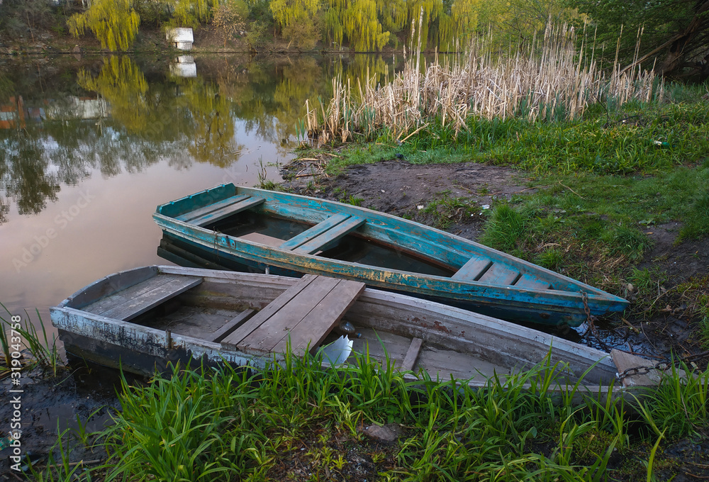 boats near at river in willow forest boats near at river in willow forest