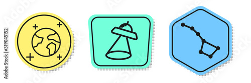 Set line Earth globe, UFO flying spaceship and Great Bear constellation. Colored shapes. Vector