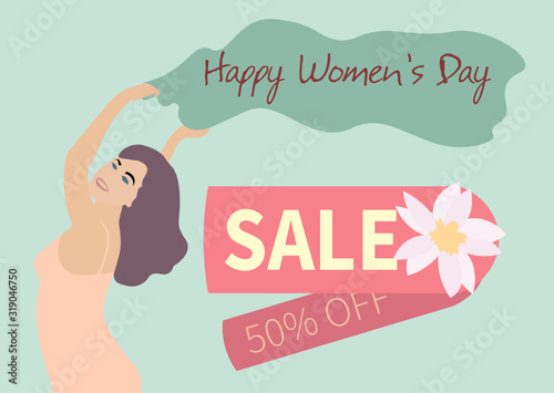 Happy smiling women holds pareo over her head. International womens day sale. 8th march concept.