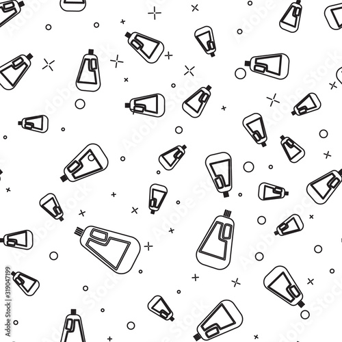 Black line Plastic bottle for liquid laundry detergent, bleach, dishwashing liquid icon isolated seamless pattern on white background. Vector Illustration