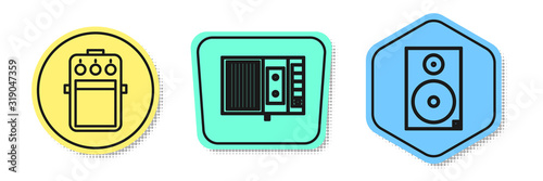 Set line Guitar pedal, Music tape player and Stereo speaker. Colored shapes. Vector