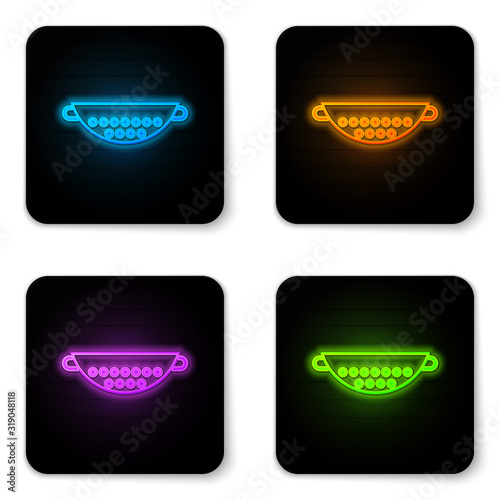 Glowing neon Kitchen colander icon isolated on white background. Cooking utensil. Cutlery sign. Black square button. Vector Illustration