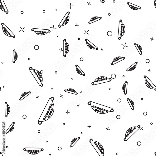 Black line Kitchen colander icon isolated seamless pattern on white background. Cooking utensil. Cutlery sign. Vector Illustration