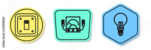 Set line Electric light switch, Ampere meter, multimeter, voltmeter and Light bulb with concept of idea. Colored shapes. Vector