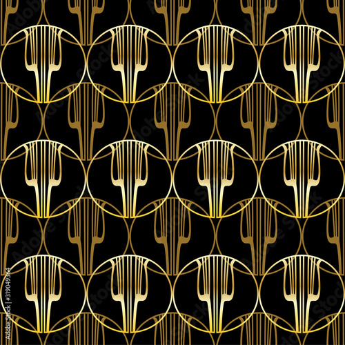 Golden lyre seamless pattern. Gold pattern on black. Abstract geometric retro background in the style of the 20s.