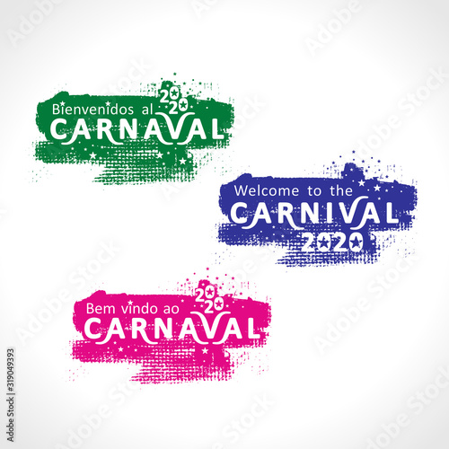 Welcome to the Carnival 2020. A set of three bright color grunge Carnival logos in three languages, English, Spanish and Portuguese. Logo in Carnival, Carnaval. Vector handwritten logo with m photo