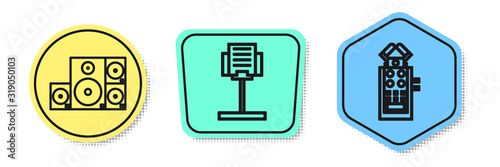 Set line Stereo speaker, Music stand and Microphone. Colored shapes. Vector