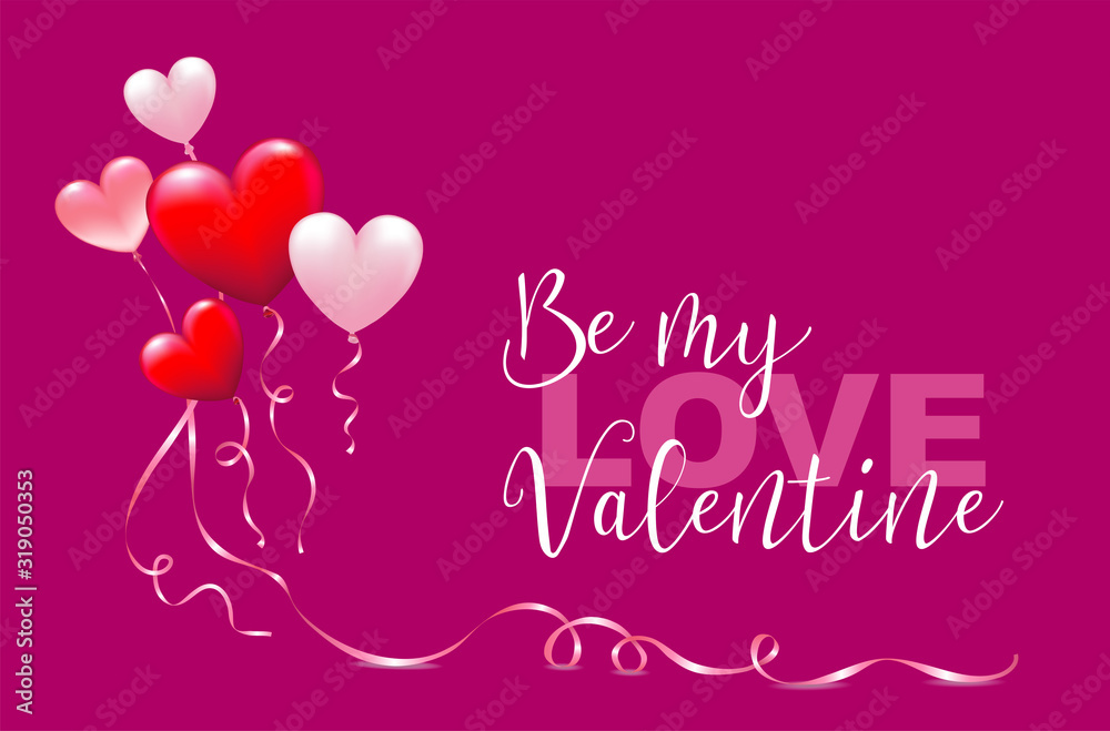 Luftballon Herzen mit Schleife und Text „Be my Valentin“,  Valentinstag Karte,  Vektor Illustration isoliert auf pink-rotem Hintergrund