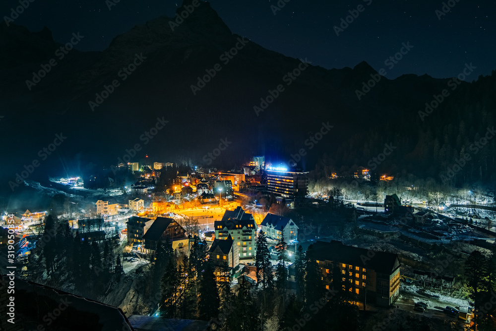 Aerial view on Dombay ski resort at night