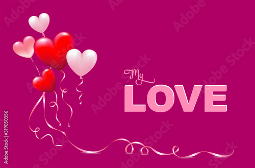 Luftballon Herzen mit Schleife und Text „My Love“,  Karte für Muttertag, Valentinstag, Hochzeit uvm Vektor Illustration isoliert auf pink-rotem Hintergrund