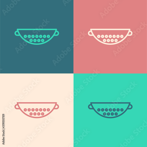 Color line Kitchen colander icon isolated on color background. Cooking utensil. Cutlery sign. Vector Illustration
