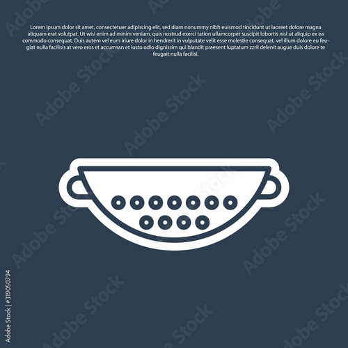 Blue line Kitchen colander icon isolated on blue background. Cooking utensil. Cutlery sign. Vector Illustration