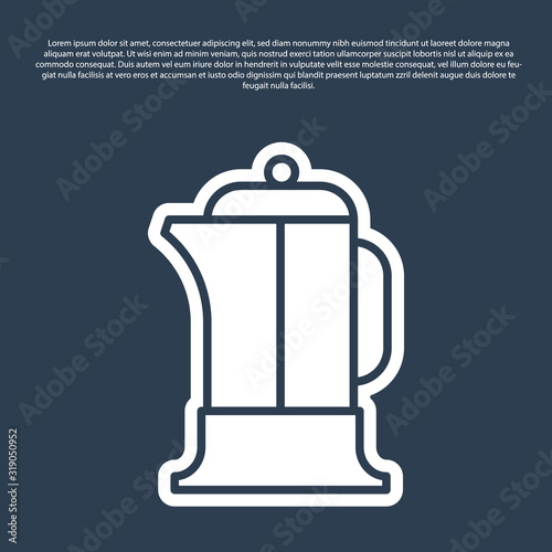 Blue line French press icon isolated on blue background. Vector Illustration