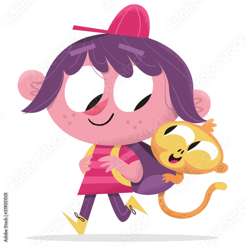 Girl and monkey best friends - friendship cute illustration cartoon vintage photo