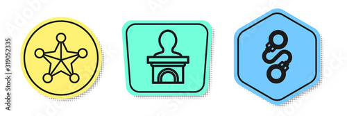 Set line Hexagram sheriff, Stage stand or debate podium rostrum and Handcuffs. Colored shapes. Vector