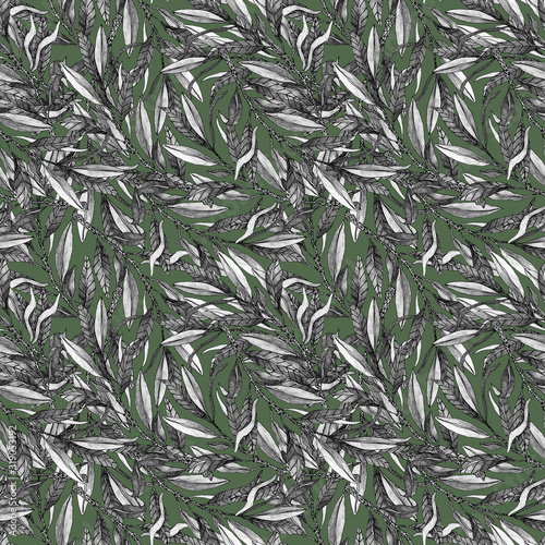 Texture with hand drawn black and white oliv branches and leaves on basil green background . Ideal for printing on fabric or paper. floral ornament